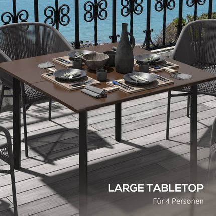 Square garden table with umbrella hole, steel, brown, seats 4