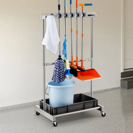 Garden Tool Organizer, 10-Slot Rolling Rack With Hooks