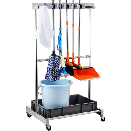Garden Tool Organizer, 10-Slot Rolling Rack With Hooks