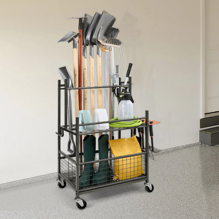 Garden Tool Organizer, 16-Slot Metal Rolling Rack