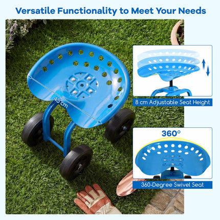 Garden Trolley with Swivel Seat, Adjustable Height, Blue