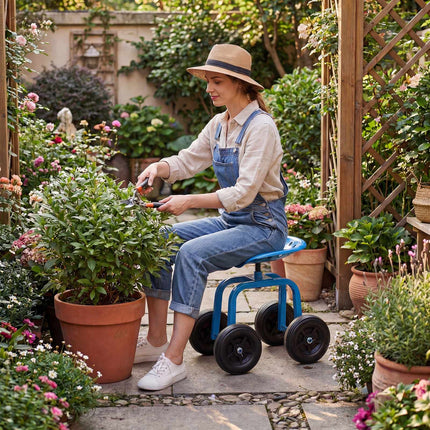 Garden Trolley with Swivel Seat, Adjustable Height, Blue