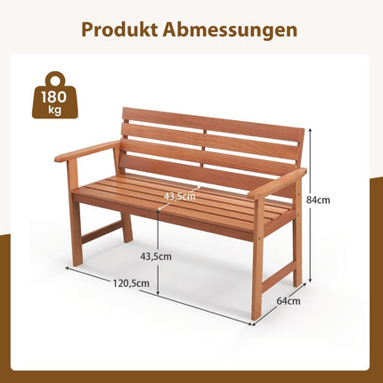 Tuinbank van hardhout, houten bank, weerbestendig, bank voor 2 personen, balkonbank van hardhout, 120,5 x 64 x 84 cm, naturel