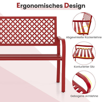Gartenbank Metall Wetterfest Sitzbank für 2-3 Sitzer Parkbank mit Rückenlehne und Armlehne 127 x 62 x 86 cm Rot