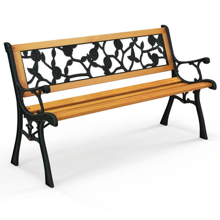 Gartenbank mit Metallgussrahmen und Holzsitz. Ergonomische Bank für 3 Personen, 127,5 cm lang