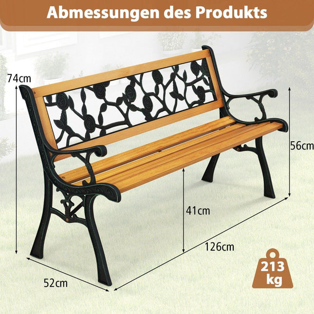 Garden bench with cast metal frame and wooden seat. Ergonomic bench for 3 people, 127.5 cm long