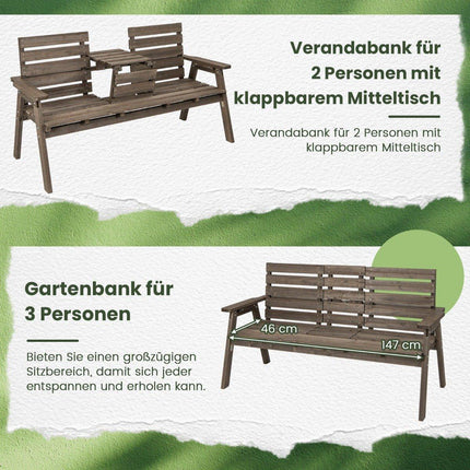 Gartenbank mit klappbarem Mitteltisch &amp; Rückenlehne Holzbank Belastbarkeit 320 kg braun
