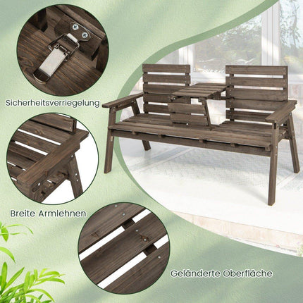 Gartenbank mit klappbarem Mitteltisch &amp; Rückenlehne Holzbank Belastbarkeit 320 kg braun