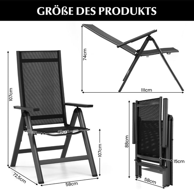 Gartenstuhl Aluminium wetterfester Klappstuhl mit 7-fach verstellbarer Rückenlehne schwarz (1 Stück)