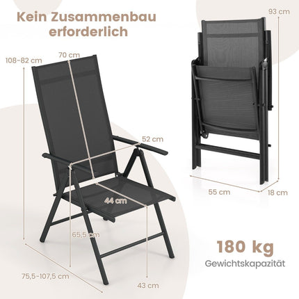 Gartenstühle mit 7-fach verstellbarer Rückenlehne, Klappstühle, belastbar bis 180 kg, schwarz, 1 Stück