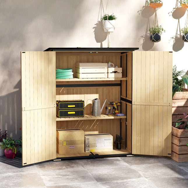 Wetterfester Gartenwerkzeugschuppen aus Holz mit Regalen