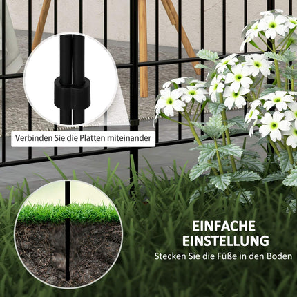 Dekorativer Gartenzaun aus Metall mit Bodenplatte, 8er-Set, schwarz