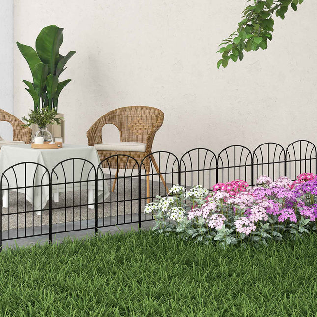 Dekorativer Gartenzaun aus Metall mit Bodenplatte, 8er-Set, schwarz