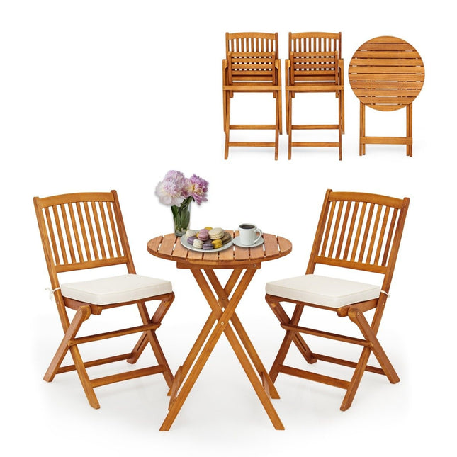 Gartenmöbel-Set 3-teilig Balkonmöbel-Set mit 2 Stühlen und rundem Couchtisch aus Akazienholz, klappbares Bistro-Set für Terrasse, Beige