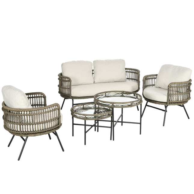 5-teilige Rattan-Terrassengarnitur, Polster, brauner Boho-Stil