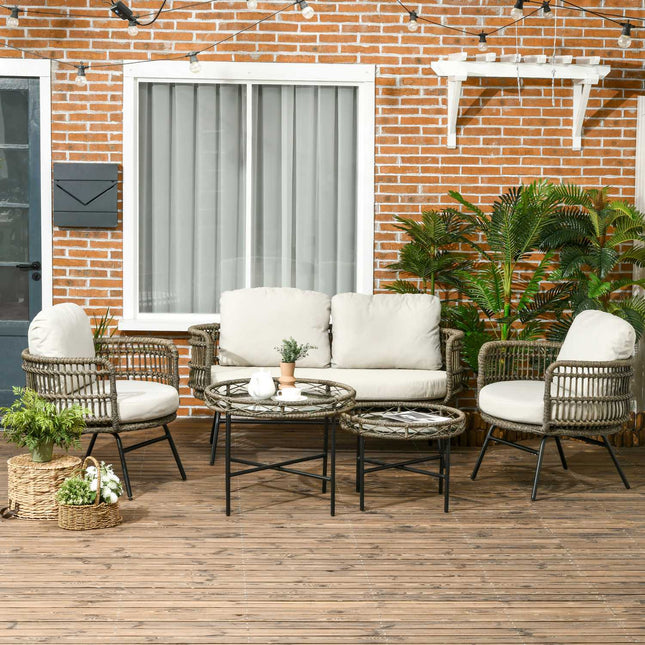 5-teilige Rattan-Terrassengarnitur, Polster, brauner Boho-Stil