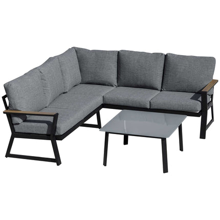 L-förmige Outdoor-Sitzgruppe, Aluminium-Sofa und -Tisch, graue Kissen