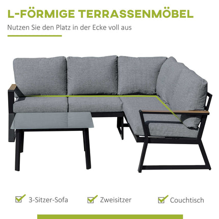 L-förmige Outdoor-Sitzgruppe, Aluminium-Sofa und -Tisch, graue Kissen
