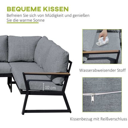 L-förmige Outdoor-Sitzgruppe, Aluminium-Sofa und -Tisch, graue Kissen