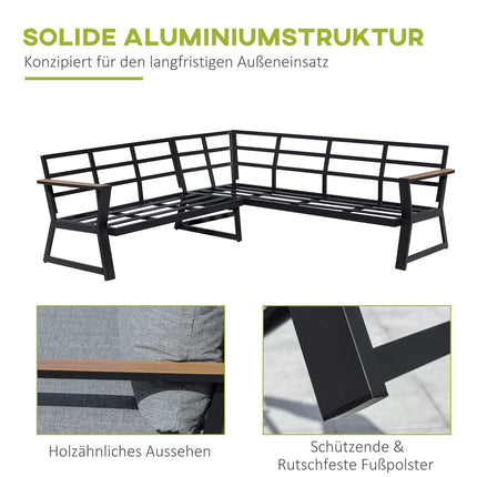 L-förmige Outdoor-Sitzgruppe, Aluminium-Sofa und -Tisch, graue Kissen