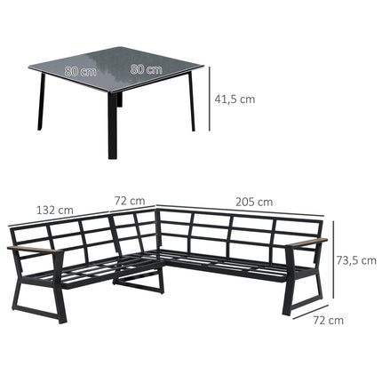 L-förmige Outdoor-Sitzgruppe, Aluminium-Sofa und -Tisch, graue Kissen