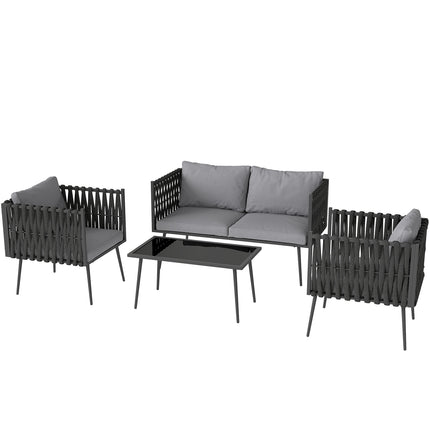 Gartenmöbel-Set für 4 Personen, wetterfest, Balkonmöbel-Set mit 2-Sitzer Sofa, Sessel, Glastisch, Sitzkissen, hellgrau