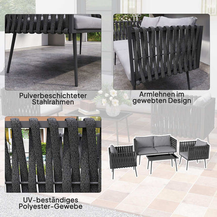 Gartenmöbel-Set für 4 Personen, wetterfest, Balkonmöbel-Set mit 2-Sitzer Sofa, Sessel, Glastisch, Sitzkissen, hellgrau