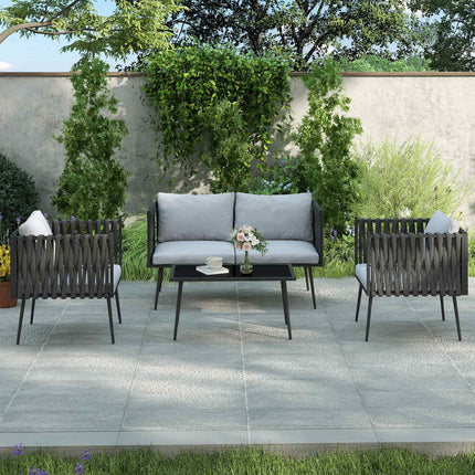 Gartenmöbel-Set für 4 Personen, wetterfest, Balkonmöbel-Set mit 2-Sitzer Sofa, Sessel, Glastisch, Sitzkissen, hellgrau