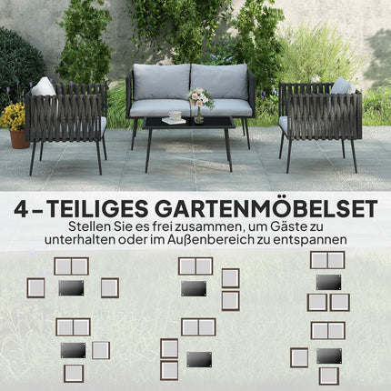 Gartenmöbel-Set für 4 Personen, wetterfest, Balkonmöbel-Set mit 2-Sitzer Sofa, Sessel, Glastisch, Sitzkissen, hellgrau