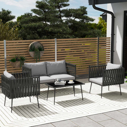 Gartenmöbel-Set für 4 Personen, wetterfest, Balkonmöbel-Set mit 2-Sitzer Sofa, Sessel, Glastisch, Sitzkissen, hellgrau