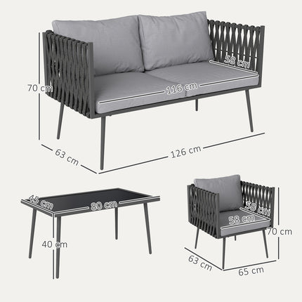 Gartenmöbel-Set für 4 Personen, wetterfest, Balkonmöbel-Set mit 2-Sitzer Sofa, Sessel, Glastisch, Sitzkissen, hellgrau