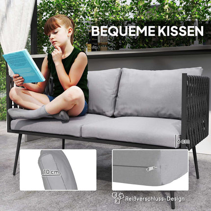 Gartenmöbel-Set für 4 Personen, wetterfest, Balkonmöbel-Set mit 2-Sitzer Sofa, Sessel, Glastisch, Sitzkissen, hellgrau