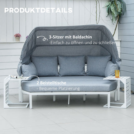 5-teilige Gartenmöbelgarnitur mit Überdachung und Kissen, weiß/grau