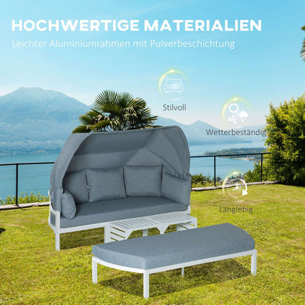 5-teilige Gartenmöbelgarnitur mit Überdachung und Kissen, weiß/grau