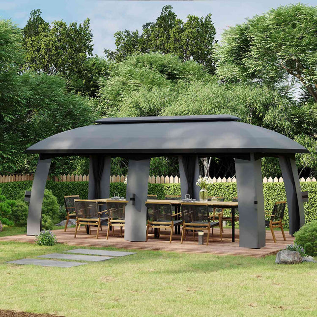 Tuinpaviljoen 3 x 6 m partytent met dubbel dak en zijwanden, vliegennetten voor maximaal 15 personen, gegalvaniseerd metaal, donkergrijs