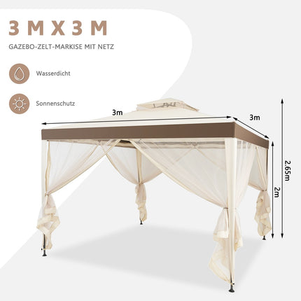Gartenpavillon Gartenzelt Camping Partyzelt mit 4 Seitenwänden 300 x 300 x 265 cm Beige
