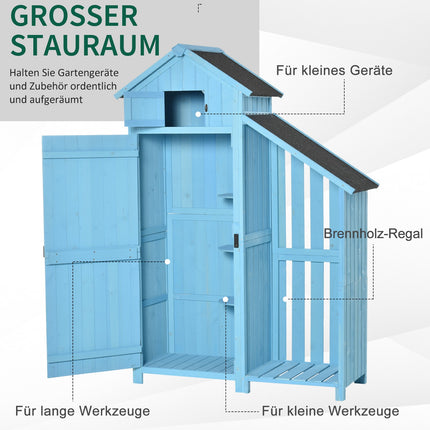 Himmelblauer Gartenschuppen, Brennholzregal, 3 Ablagen, 130x54,5x180 cm