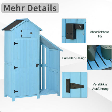 Himmelblauer Gartenschuppen, Brennholzregal, 3 Ablagen, 130x54,5x180 cm