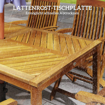 Gartentisch 150x85cm, wetterfester Balkontisch aus Holz, 6 Personen mit Schirmloch, Lamellendesign Naturholz