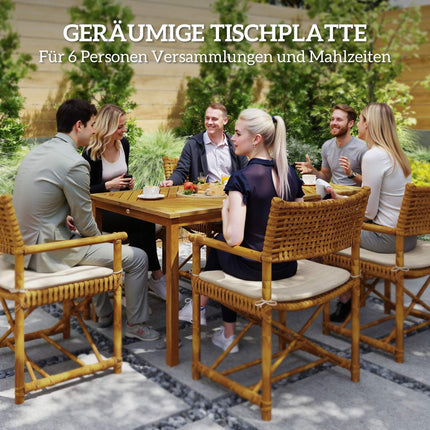 Gartentisch 150x85cm, wetterfester Balkontisch aus Holz, 6 Personen mit Schirmloch, Lamellendesign Naturholz