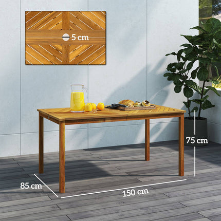 Gartentisch 150x85cm, wetterfester Balkontisch aus Holz, 6 Personen mit Schirmloch, Lamellendesign Naturholz