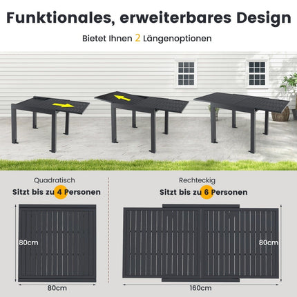 Table de jardin extensible en aluminium 80/160 x 80 cm, résistante aux intempéries, gris foncé