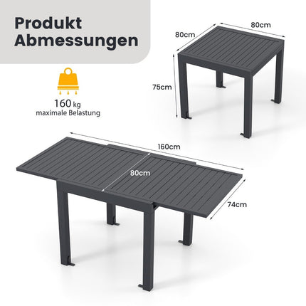 Table de jardin extensible en aluminium 80/160 x 80 cm, résistante aux intempéries, gris foncé
