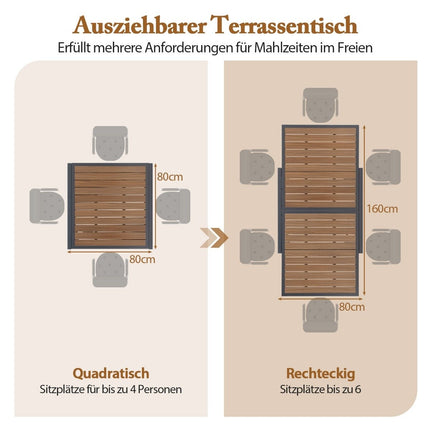 Gartentisch Aluminium ausziehbar 80/160 x 80 cm wetterfester Esstisch mit Tischplatte in Holzoptik