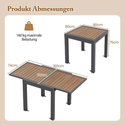 Gartentisch Aluminium ausziehbar 80/160 x 80 cm wetterfester Esstisch mit Tischplatte in Holzoptik
