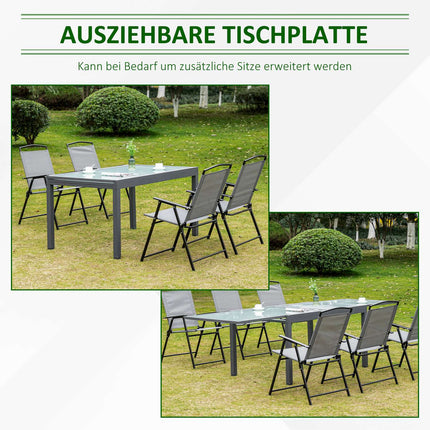 Extendable garden dining table, tempered glass, aluminium