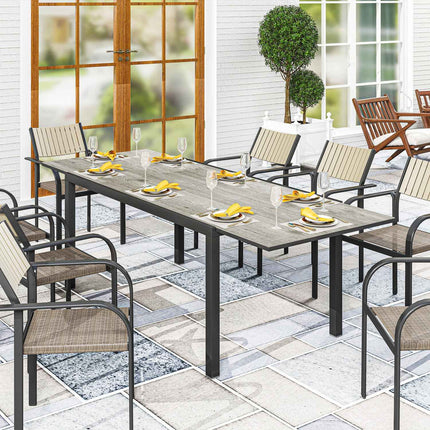 Table de jardin extensible pour 6 à 8 personnes, 160/240 x 90 cm, table de balcon en aluminium aspect bois, table de patio résistante aux intempéries, table de buffet d'extérieur pour jardin, terrasse, balcon, gris