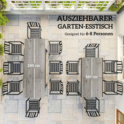 Table de jardin extensible pour 6 à 8 personnes, 160/240 x 90 cm, table de balcon en aluminium aspect bois, table de patio résistante aux intempéries, table de buffet d'extérieur pour jardin, terrasse, balcon, gris
