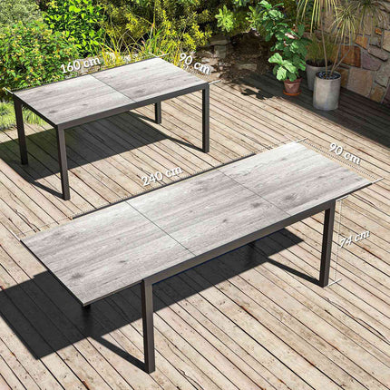 Table de jardin extensible pour 6 à 8 personnes, 160/240 x 90 cm, table de balcon en aluminium aspect bois, table de patio résistante aux intempéries, table de buffet d'extérieur pour jardin, terrasse, balcon, gris