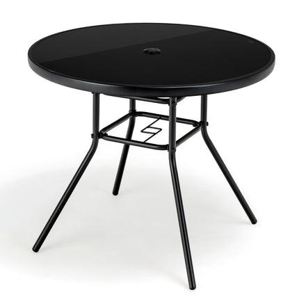 Zahradní stůl s deskou z tvrzeného skla terasový stůl s otvorem pro slunečník 86 x 86 x 71 cm černý